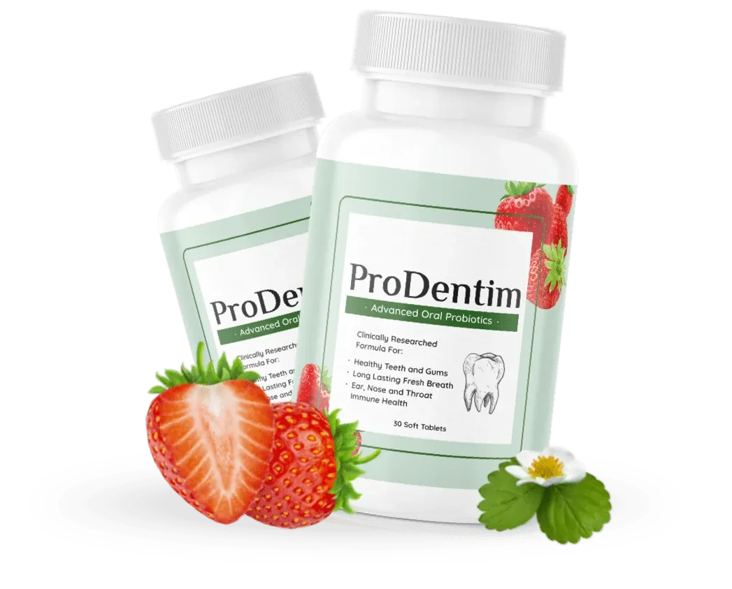 Two ProDentim bottles with strawberry imagery